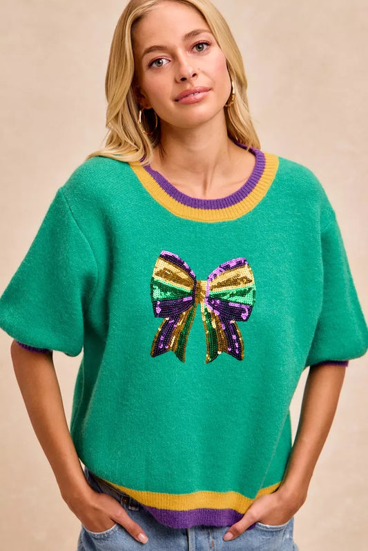 Sarah Express Women's Mardi Gras Sequin Ribbon Patched Sweater JADE