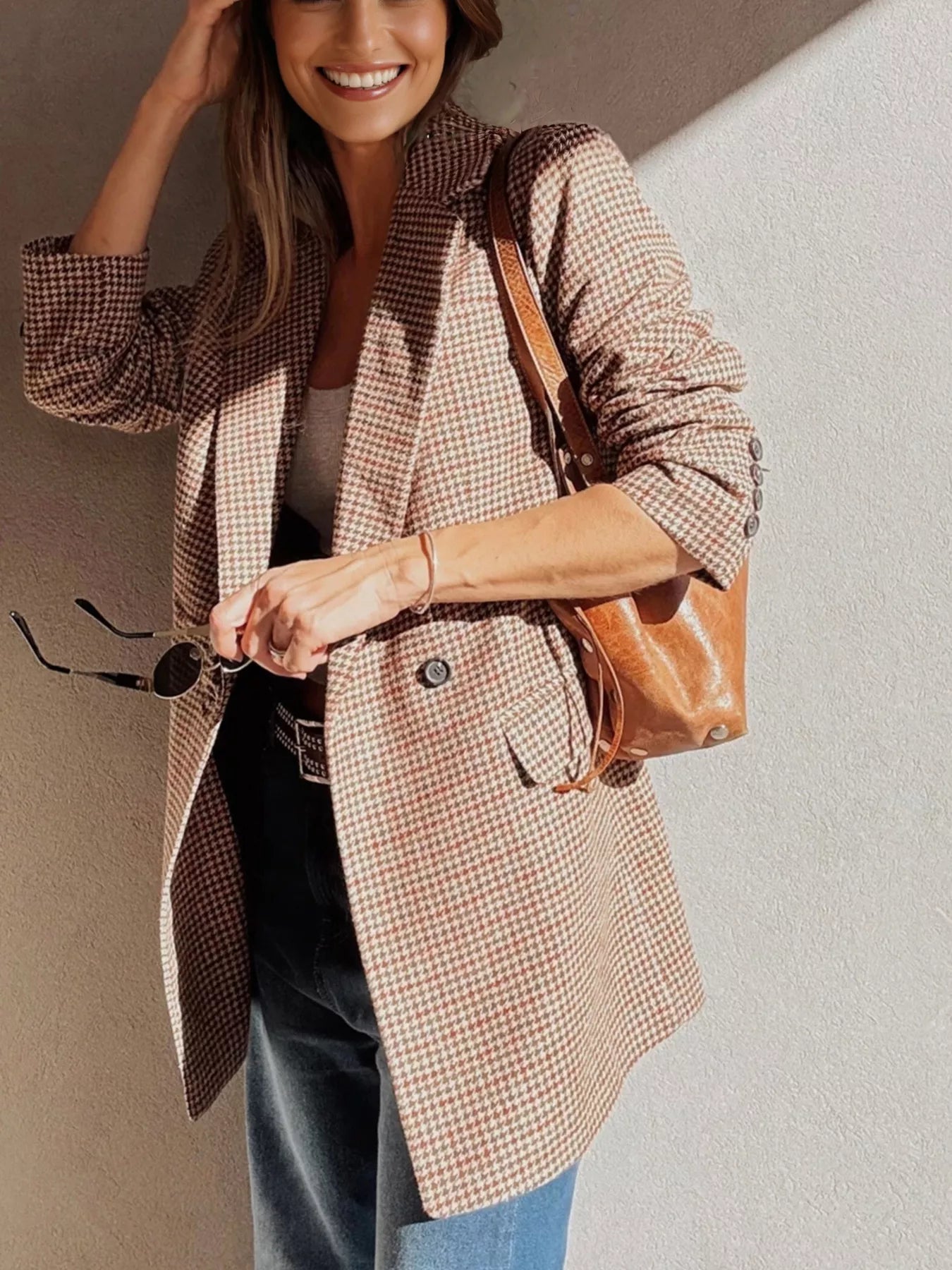 Sarah Express Women's Houndstooth Lapel Collar Blazer