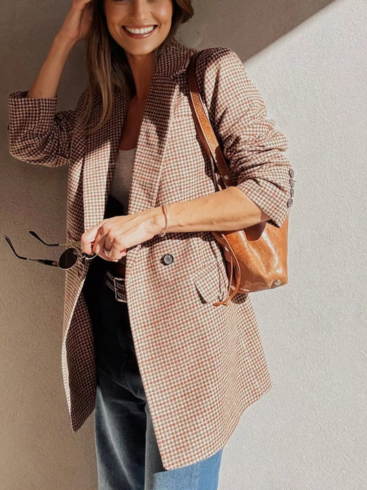 Sarah Express Women's Houndstooth Lapel Collar Blazer