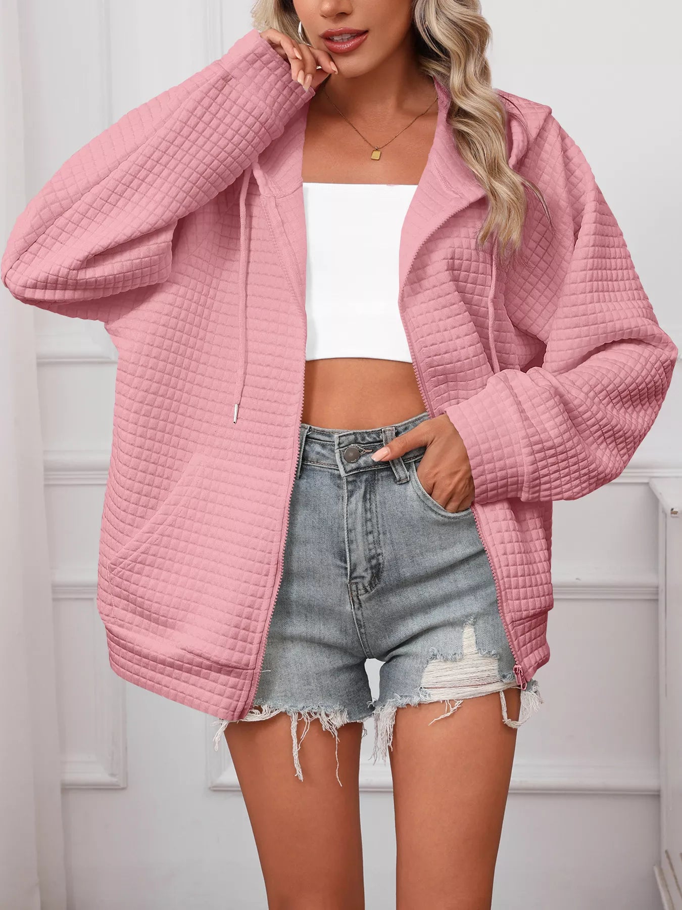 Sarah Express Women's Textured Quilted Zip-Up Hooded Jacket - Plus Size Lightweight Outerwear