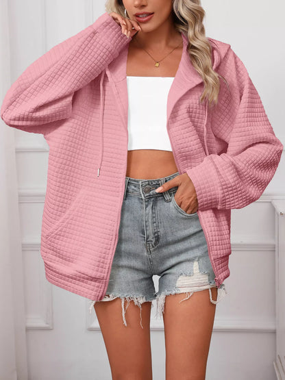 Sarah Express Women's Textured Quilted Zip-Up Hooded Jacket - Plus Size Lightweight Outerwear