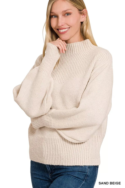 Sarah Express Women's Balloon Sleeve Mock Neck Sweater - Trendy Cozy Knitwear SAND BEIGE