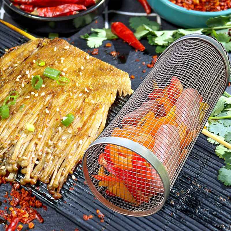 Sarah Express Stainless Steel Rolling BBQ Grilling Basket - Portable Outdoor Camping Barbecue Rack for Vegetables & Meat