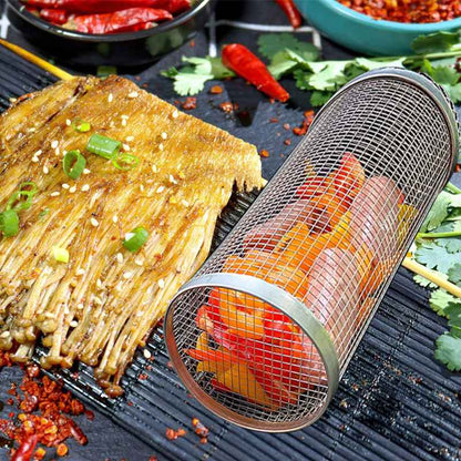 Sarah Express Stainless Steel Rolling BBQ Grilling Basket - Portable Outdoor Camping Barbecue Rack for Vegetables & Meat