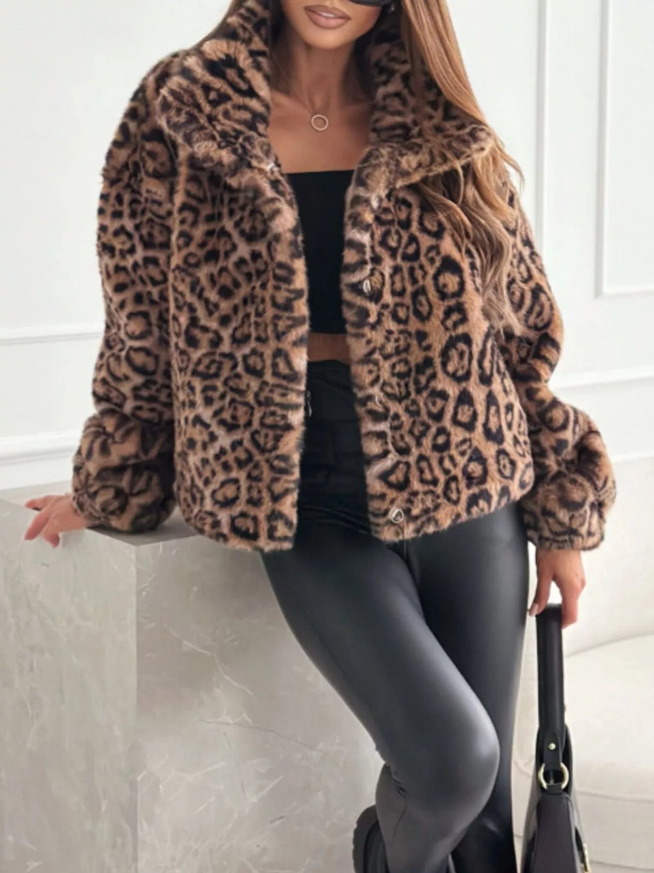 Sarah Express Women's Leopard Faux Fur Cropped Jacket