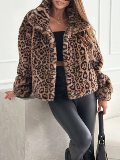 Sarah Express Women's Leopard Faux Fur Cropped Jacket