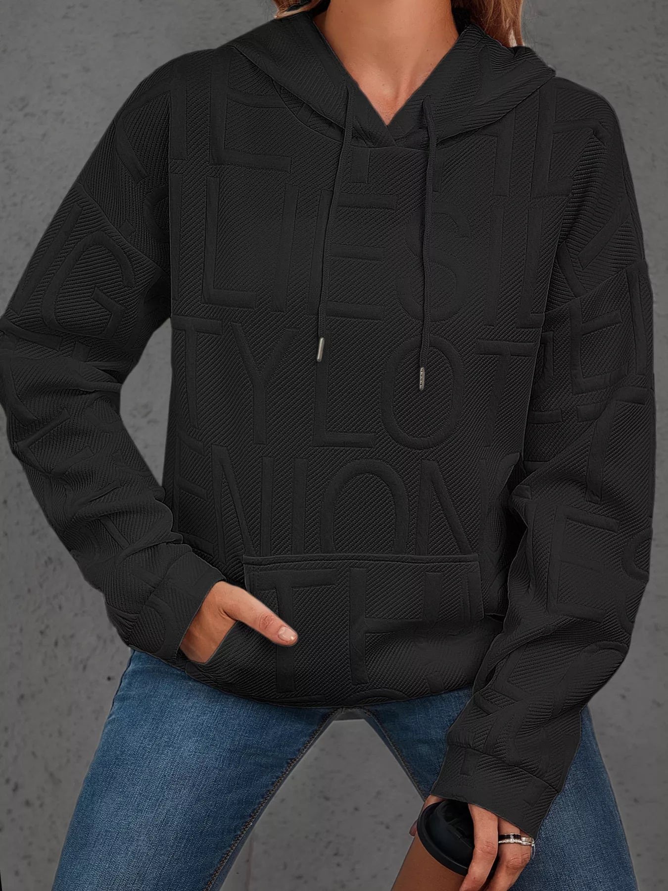 Sarah Express Women's Textured Embossed Long Sleeve Hoodie Plus Size