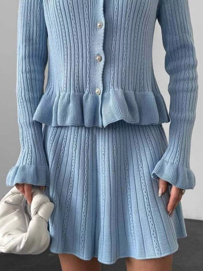 Sarah Express Women's Ruffle Trim Knit Cardigan & Skirt Set