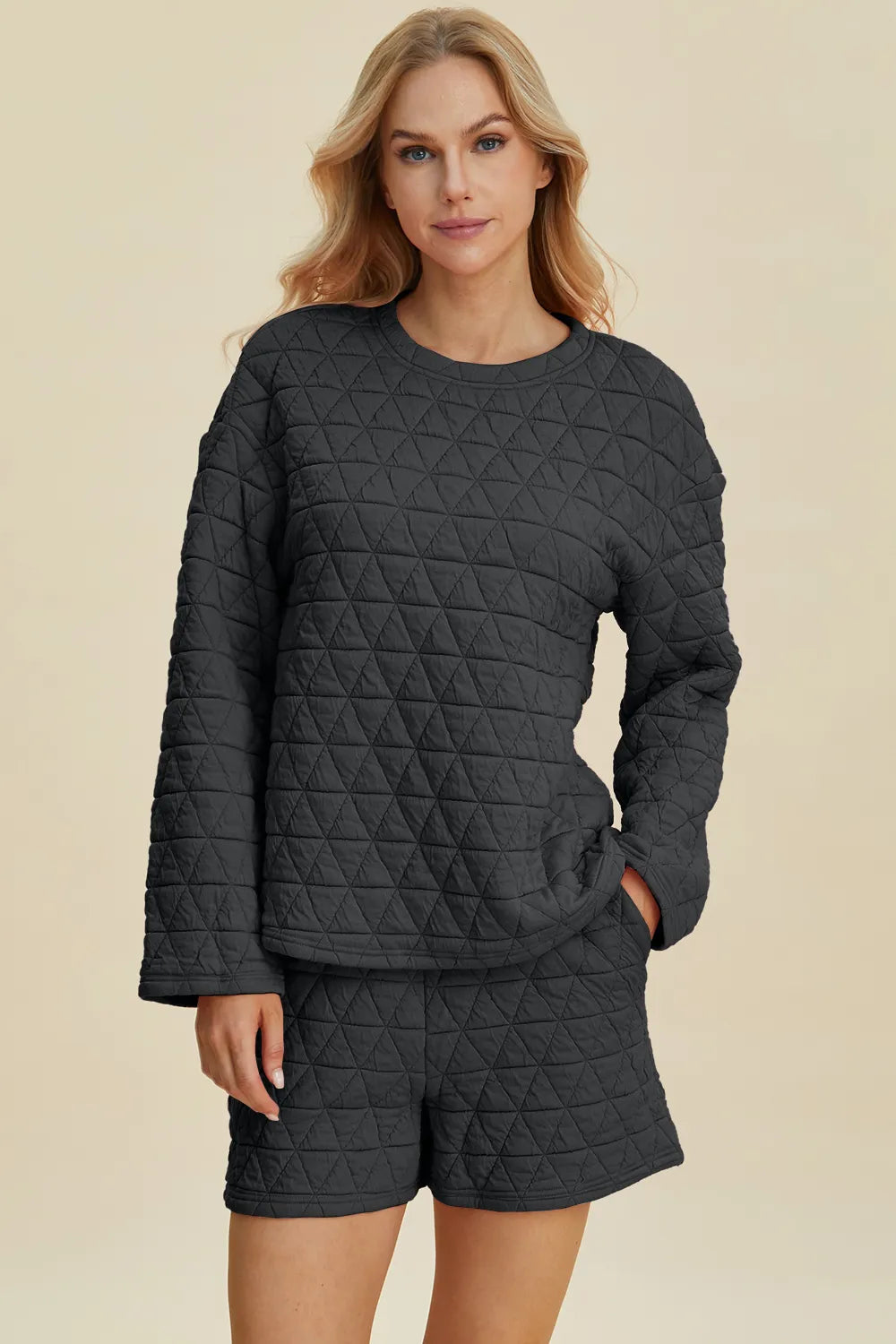 Sarah Express Women’s Plus Size Textured Long Sleeve Top and Shorts Set
