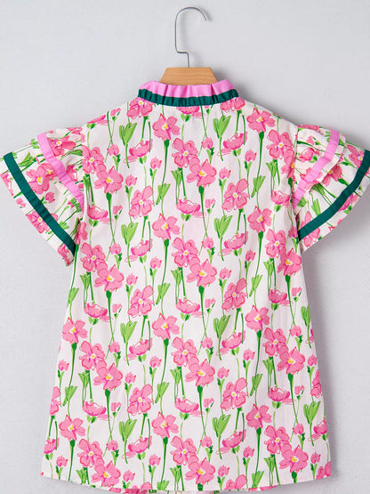 Sarah Express Women's Floral Print V Neck Ruffled Short Sleeve Blouse