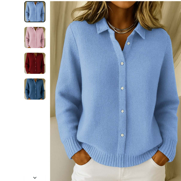 Sarah Express Women's Button Knit Cardigan Sweater - Long Sleeve Lapel Collar Winter Jumper Sky Blue