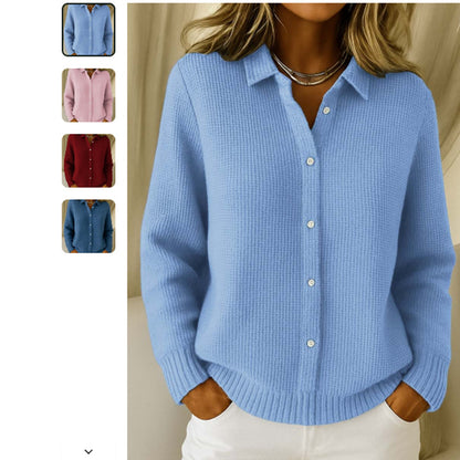 Sarah Express Women's Button Knit Cardigan Sweater - Long Sleeve Lapel Collar Winter Jumper Sky Blue