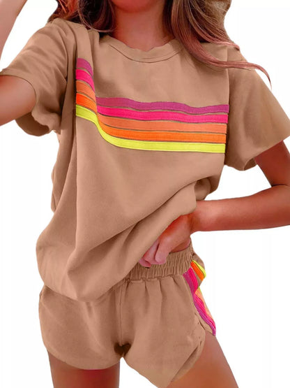 Sarah Express Women's Rainbow Striped Two Piece Set - Round Neck Top & Shorts Lounge Set Brown Suit