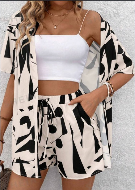 Women's Geometric Print Button-Up Top Shorts Two-Piece Set Color Block Short Sleeve
