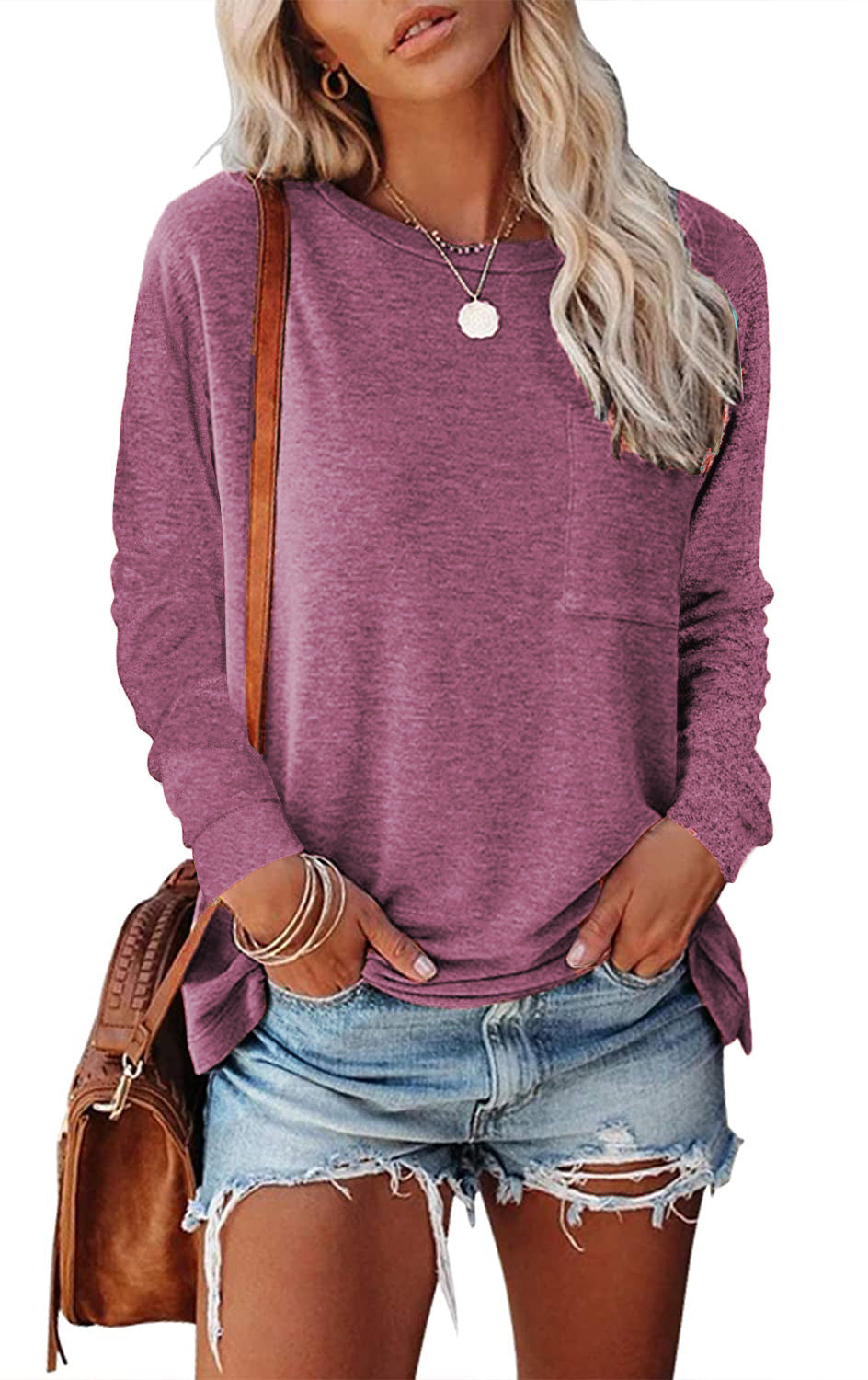 Sarah Express Women's Long Sleeve Pocket T-Shirt Split Hem Casual Cotton Blend Top