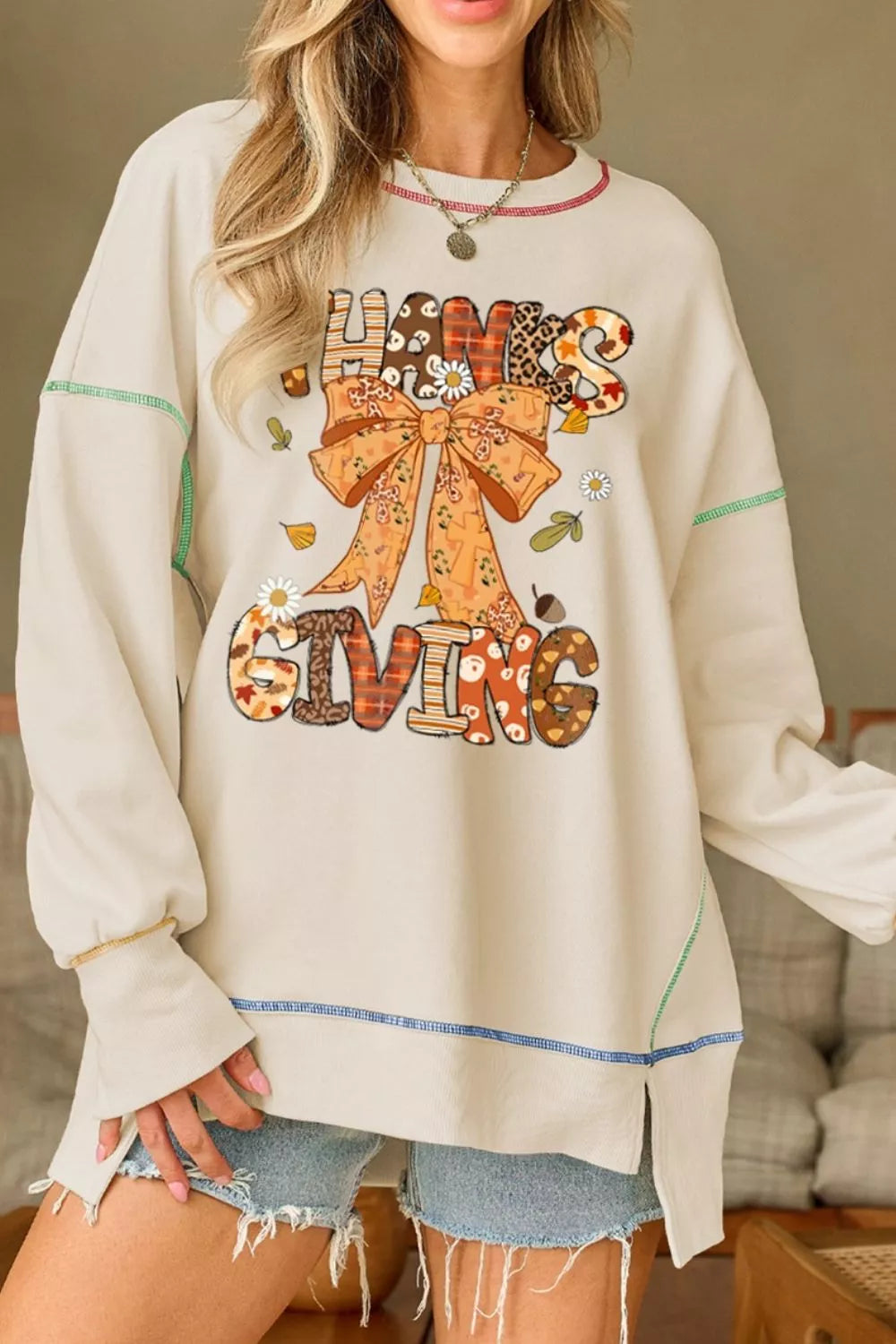 Women's beige Thanksgiving graphic crew neck sweatshirt front view