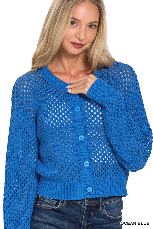 Sarah Express Women's Button Down Lightweight Crochet Cardigan Sweater OCEAN BLUE