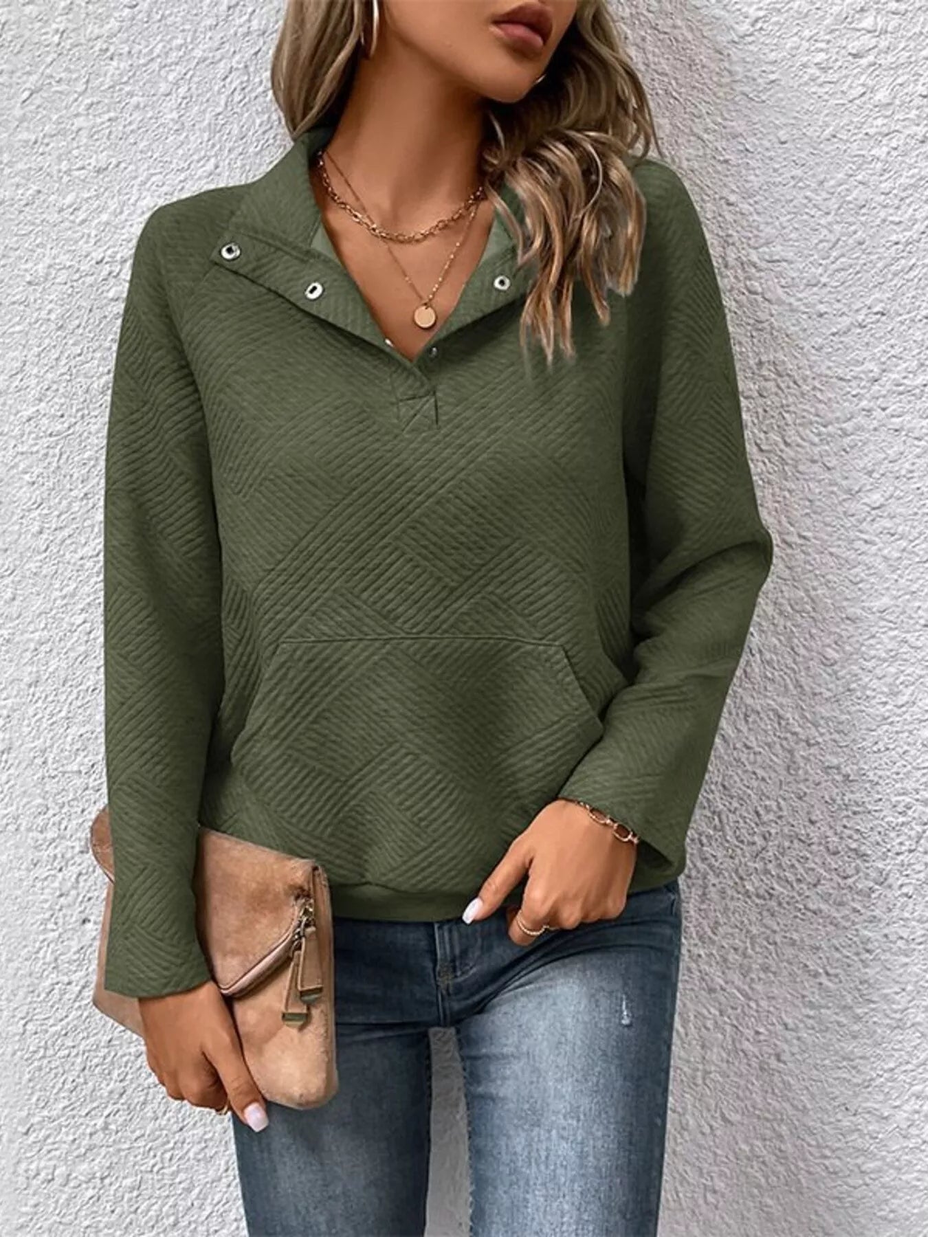 Sarah Express Women's Textured Quarter Snap Sweatshirt Army Green