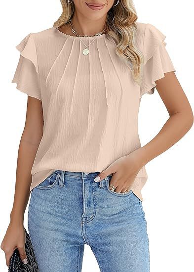 Sarah Express Women's Pleated Round Neck Blouse Short Sleeve Professional Work Top