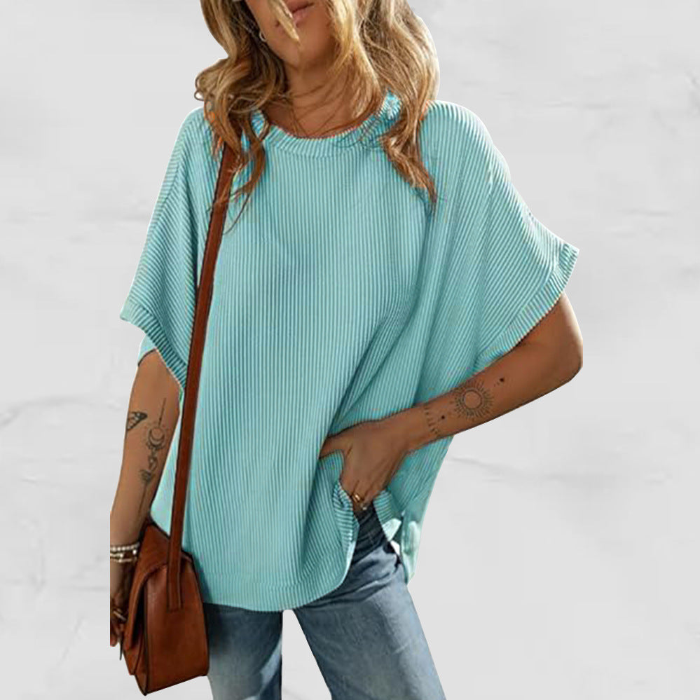 Sarah Express Solid Color Knitted T-Shirt Women's Half Sleeve Loose Casual Pullover Top