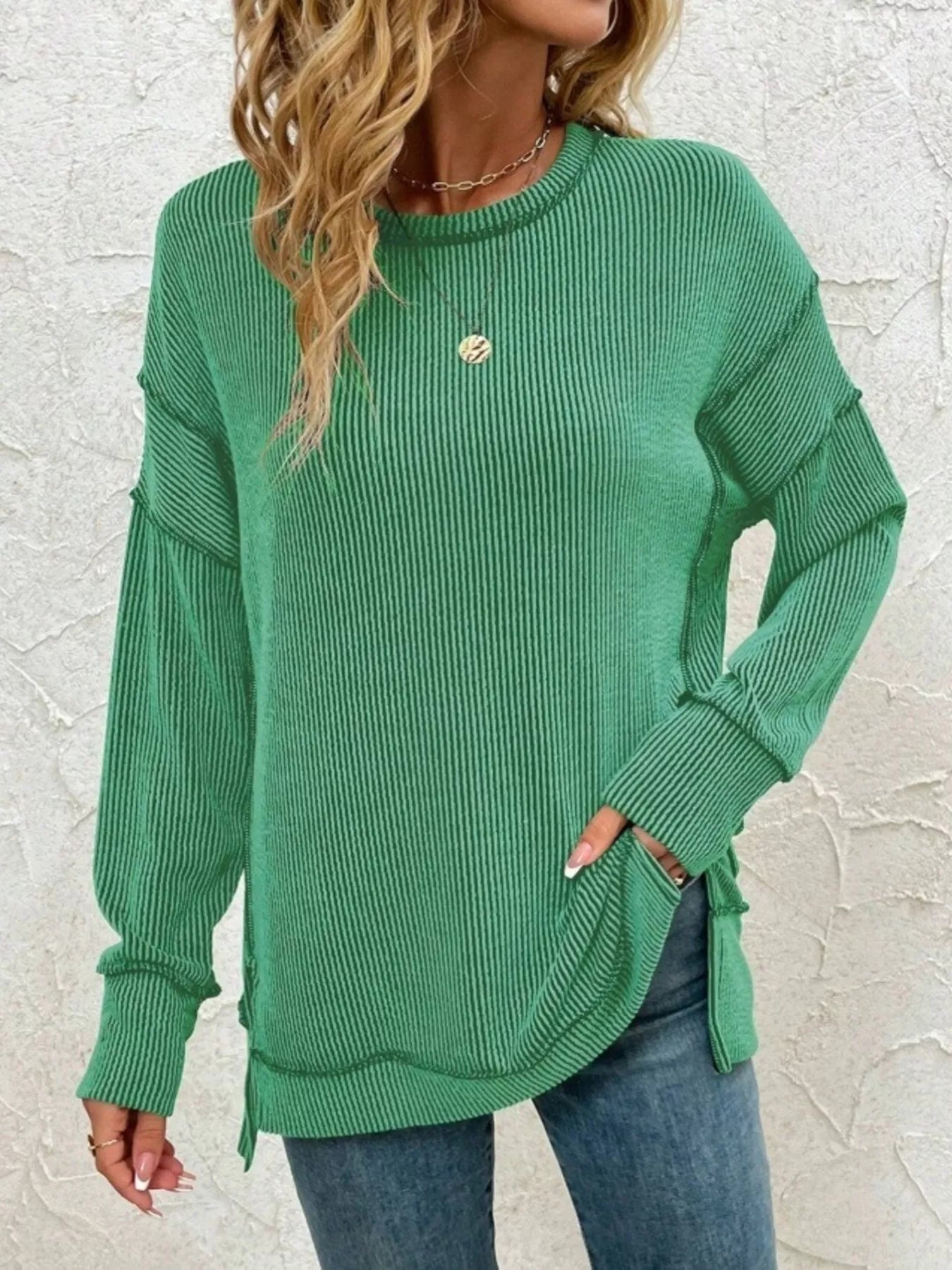 Sarah Express Women's Side Slit Round Neck Dropped Shoulder Sweatshirt Green