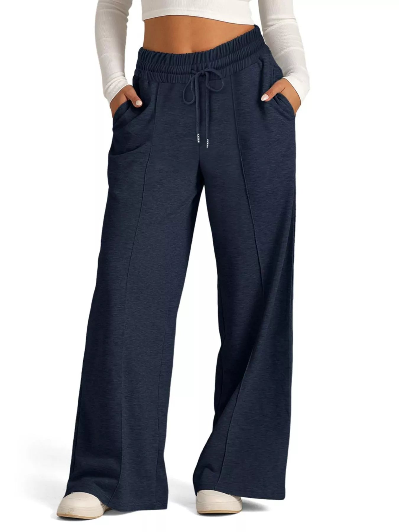 Sarah Express Women's Wide Leg Drawstring Pants - High Waist Palazzo Pants with Pockets Navy Blue
