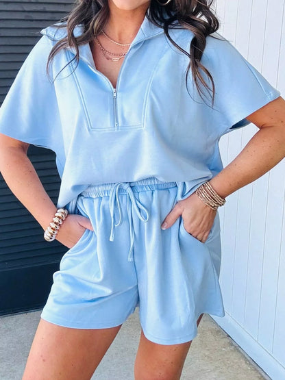 Sarah Express Women's Half Zip Sweatshirt Set - Loose Fit Short Sleeve 2 Piece Outfit Light Blue