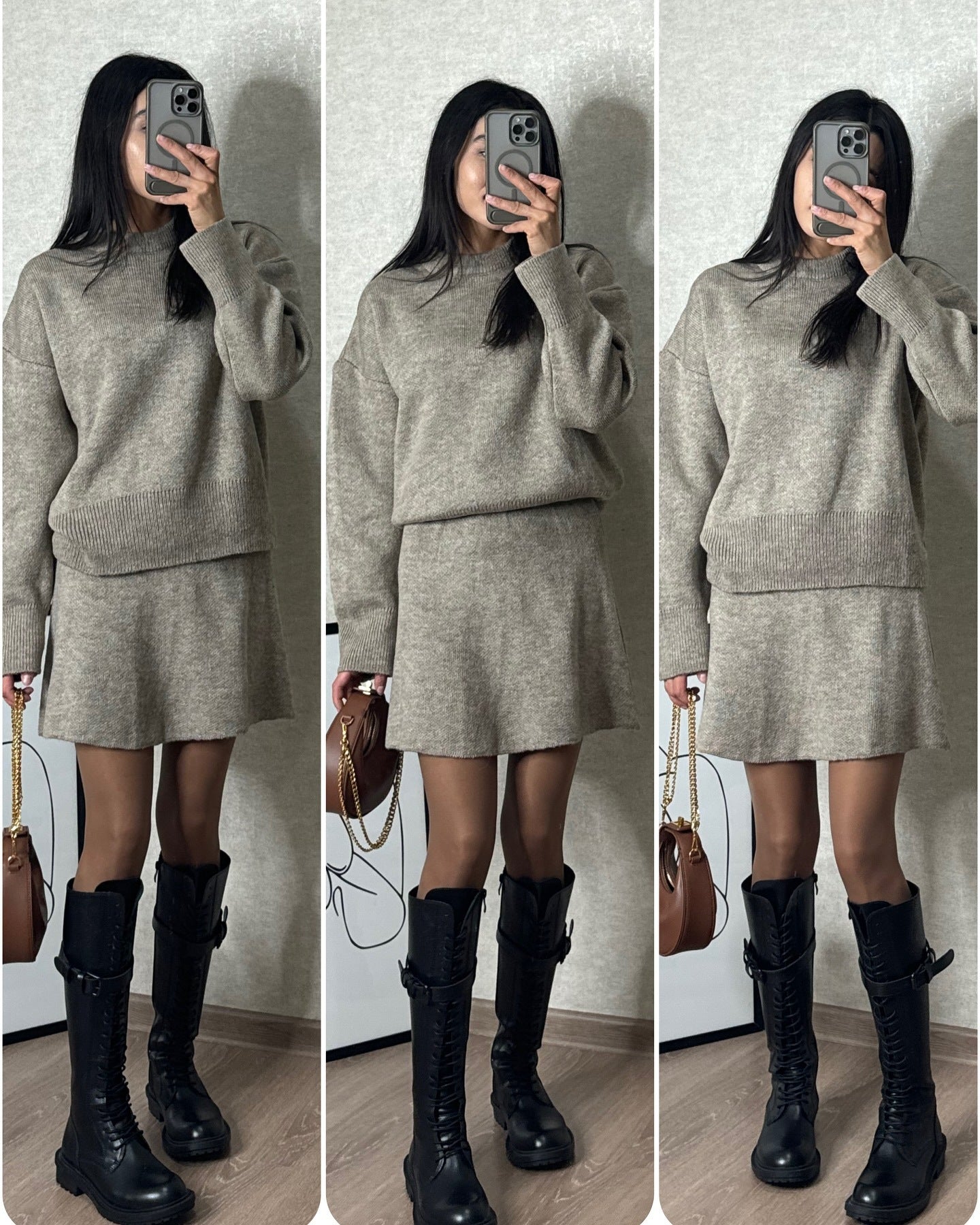 Sarah Express Women's Sweater Skirt Set - 2 Piece Knit Outfit Long Sleeve Pullover High Waist Mini Skirt Light Gray