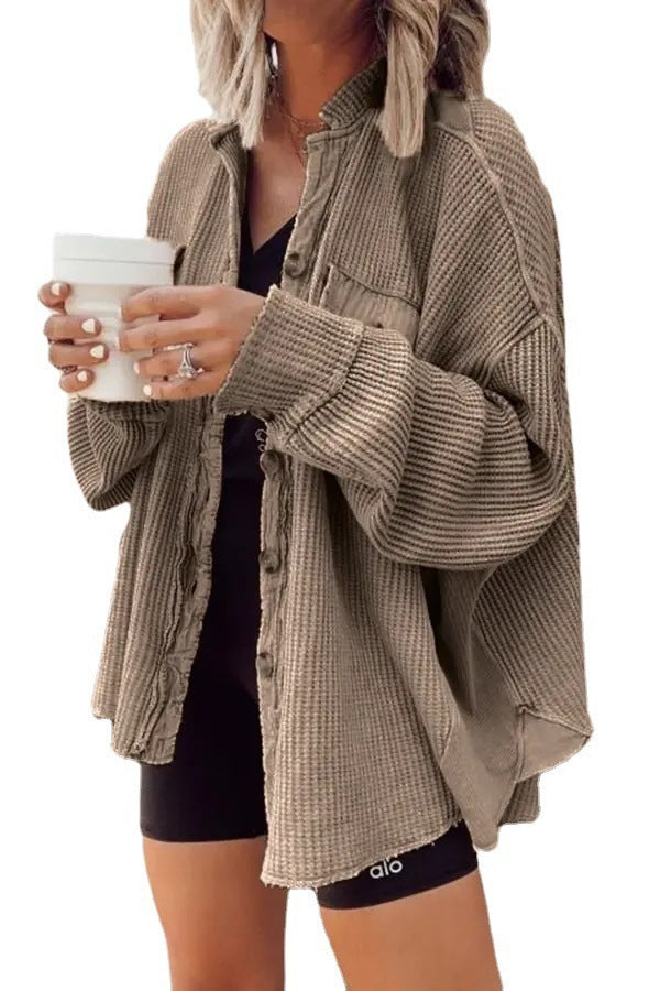 Sarah Express Patchwork Irregular Shirt Jacket Loose Fit Long Sleeve Acrylic Outerwear