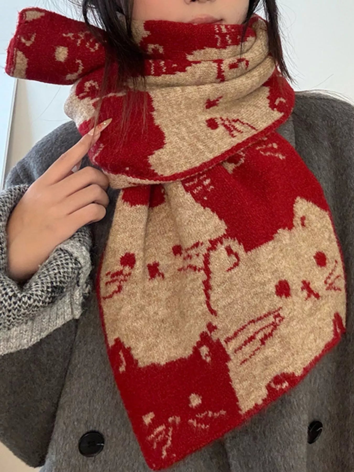 Sarah Express Women's Cute Cat Pattern Knitted Scarf