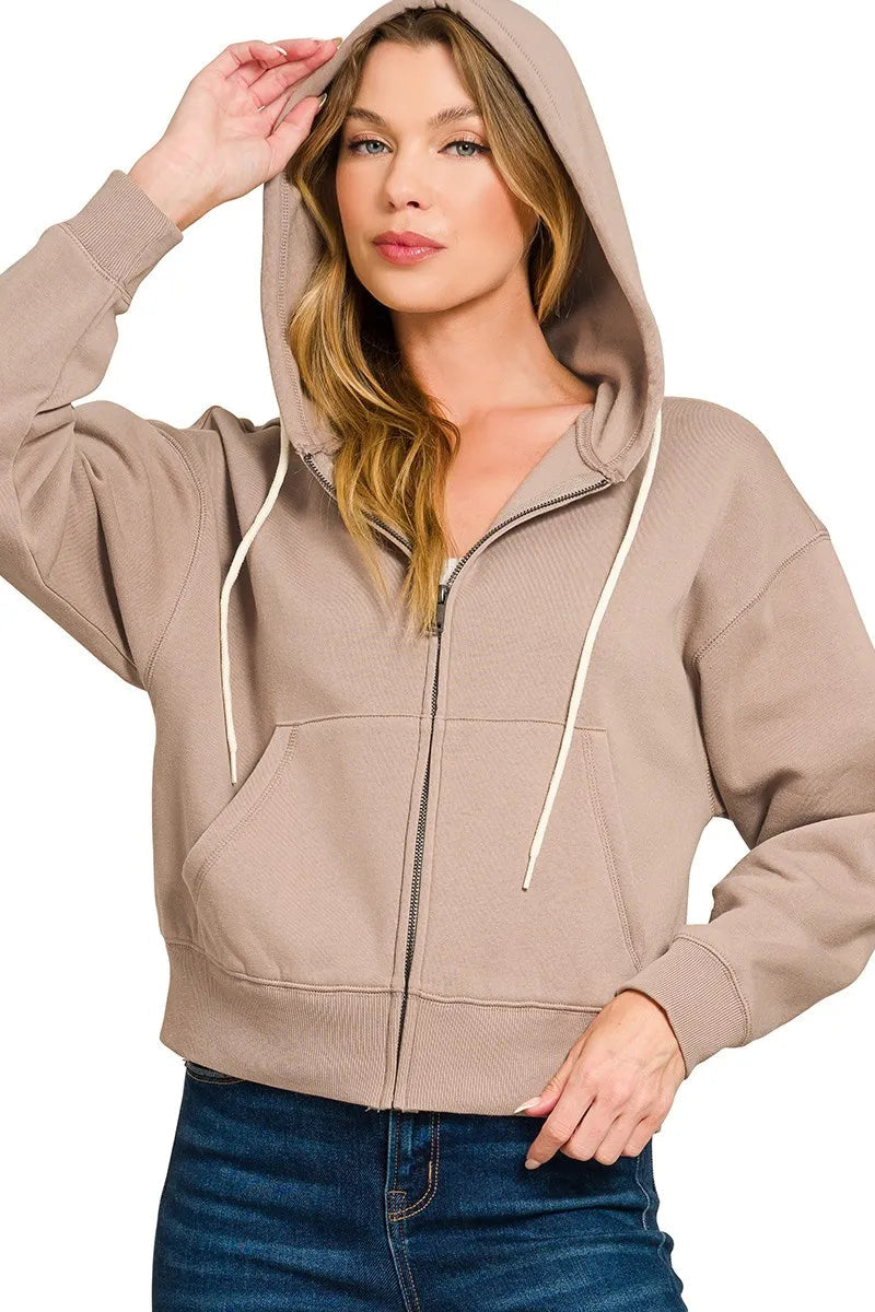 Cropped Fleece Zip-Up Hoodie