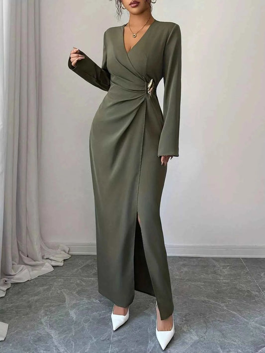Sarah Express Women's Slit Surplice Long Sleeve Maxi Dress - Ruched Elegant Evening Dress
