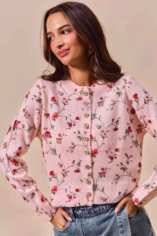 Sarah Express Women's Floral Print Button Front Cardigan Sweater Top