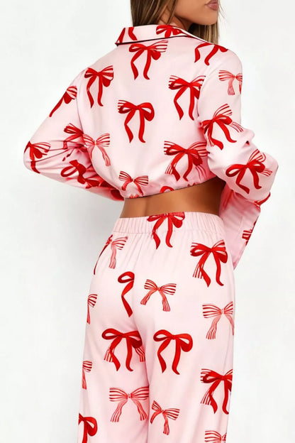 Sarah Express Women's Bow Print Lounge Set - Button-Up Top and Wide Leg Pants