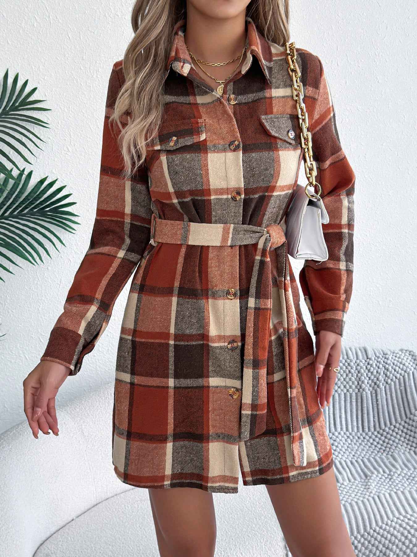 Sarah Express Women's Color-Blocked Plaid Tweed Shirt Dress with Tie Waist