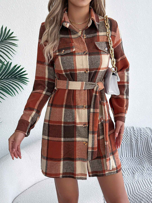 Sarah Express Women's Color-Blocked Plaid Tweed Shirt Dress with Tie Waist