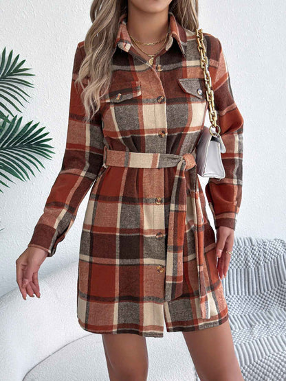 Sarah Express Women's Color-Blocked Plaid Tweed Shirt Dress with Tie Waist Orange