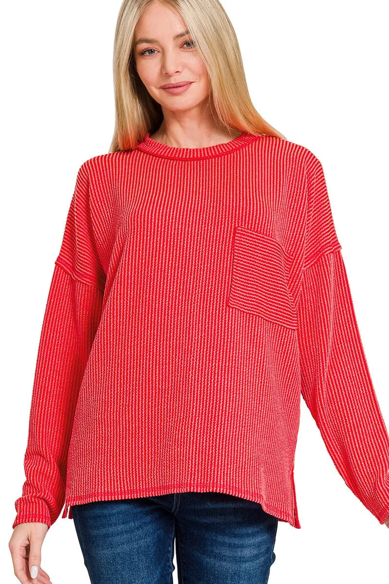 Sarah Express Women’s Long Sleeve Drop Shoulder Ribbed Top Casual All-Season
