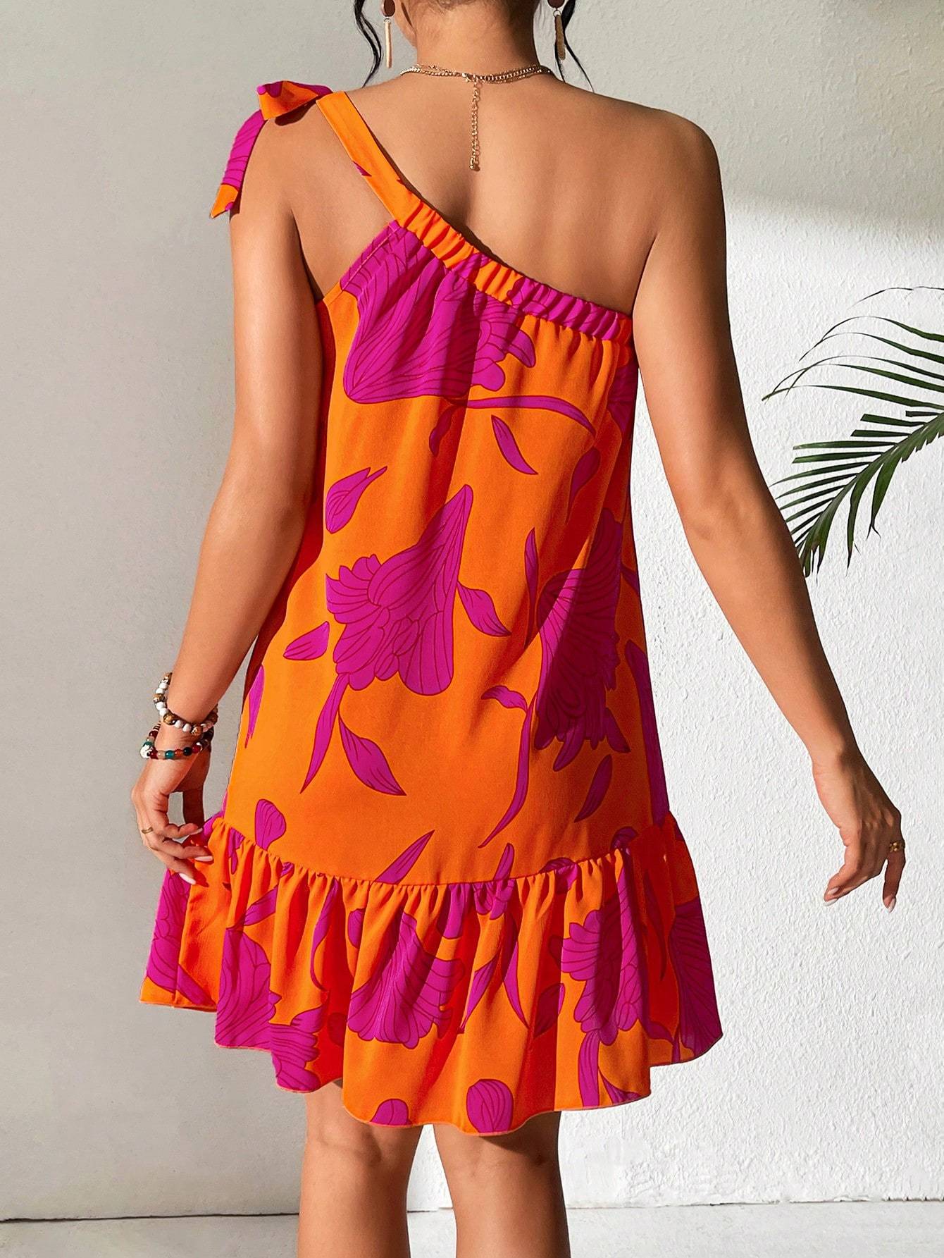 Sarah Express Floral Print One Shoulder Dress Ruffle Hem Sleeveless Midi Length