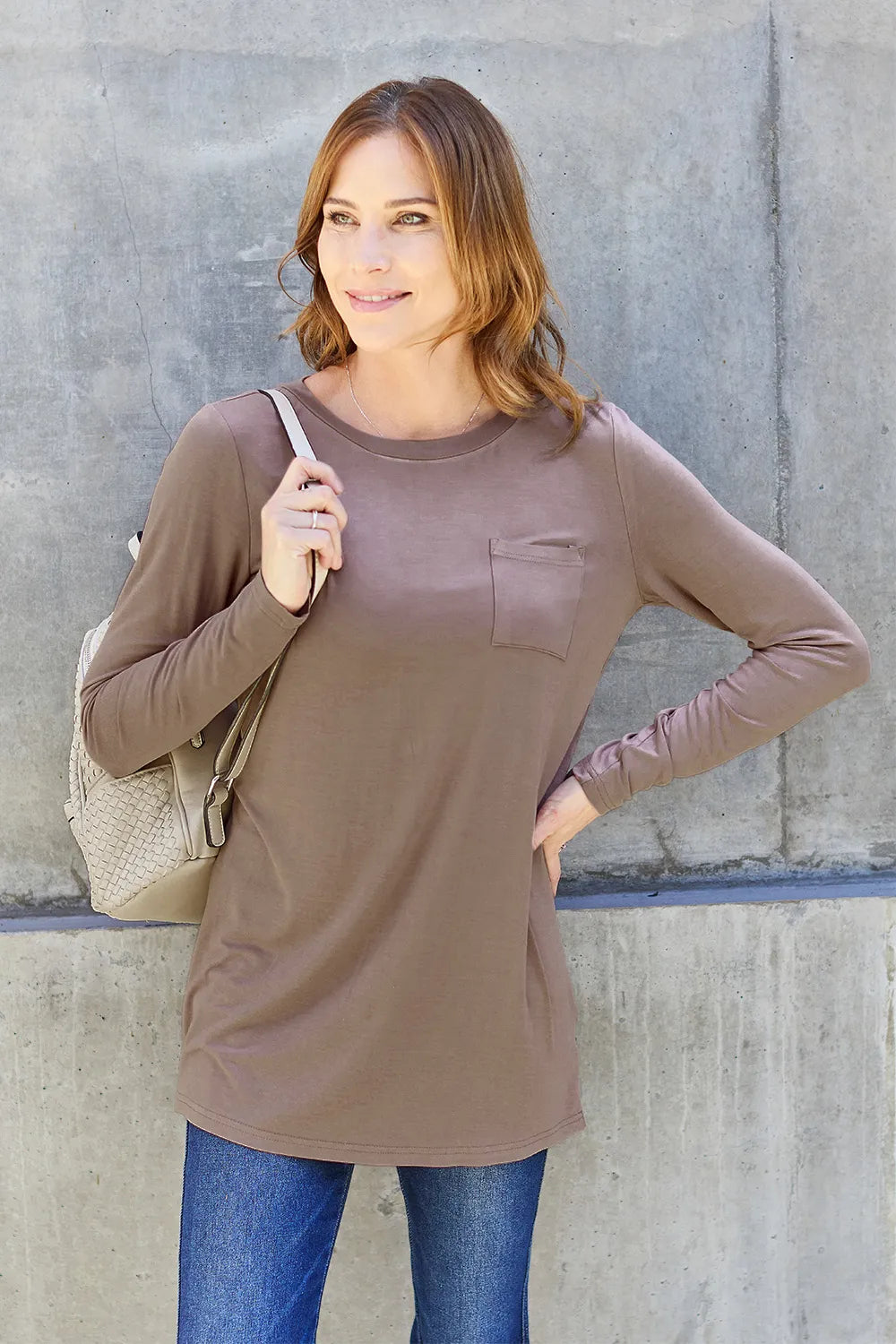 Sarah Express Women's Round Neck Long Sleeve Top with Pockets Mocha