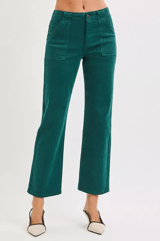 Sarah Express Women's High Rise Ankle Flare Patch Pocket Jeans HUNTER GREEN