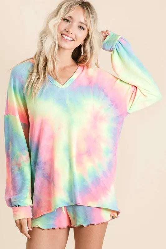 Sarah Express Women's Pastel Tie Dye V-Neck French Terry Sweatshirt with Balloon Sleeves PASTEL TIEDYE