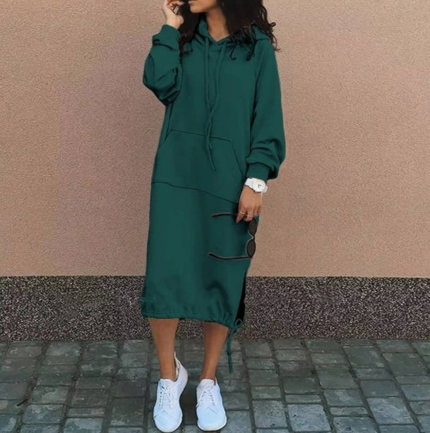Sarah Express Women's Hooded Sweatshirt Dress Long Sleeve Midi Casual Pockets