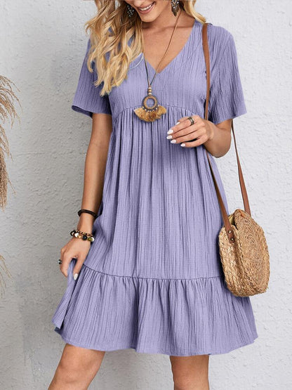 Sarah Express Women's V-Neck Ruffled Summer Dress - Casual Loose Beach Dress with Short Sleeves Purple