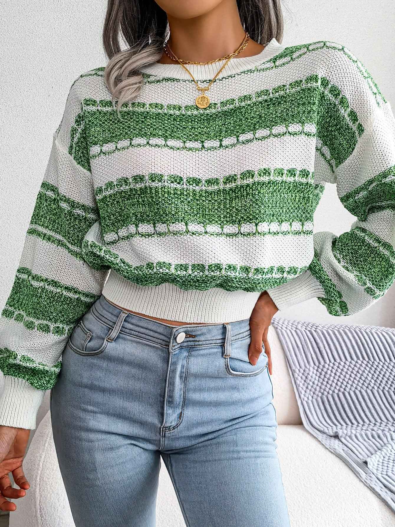 Sarah Express Women's Color Block Knit Sweater Long Sleeve Pullover