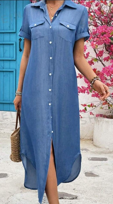 Sarah Express Women's Denim Look Longline Shirt Dress Button Front Short Sleeve Summer