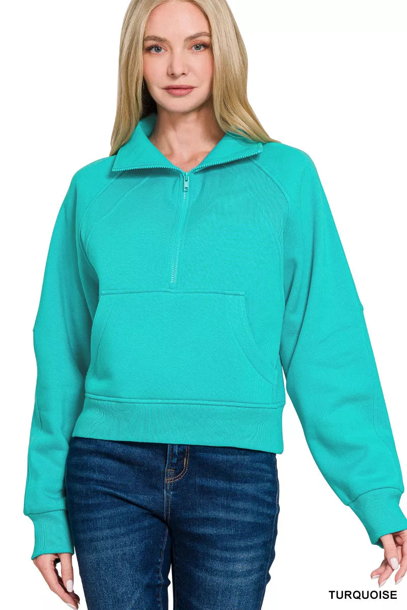 Sarah Express Women's Fleece Half Zip Kangaroo Pocket Sweatshirt TURQUOISE