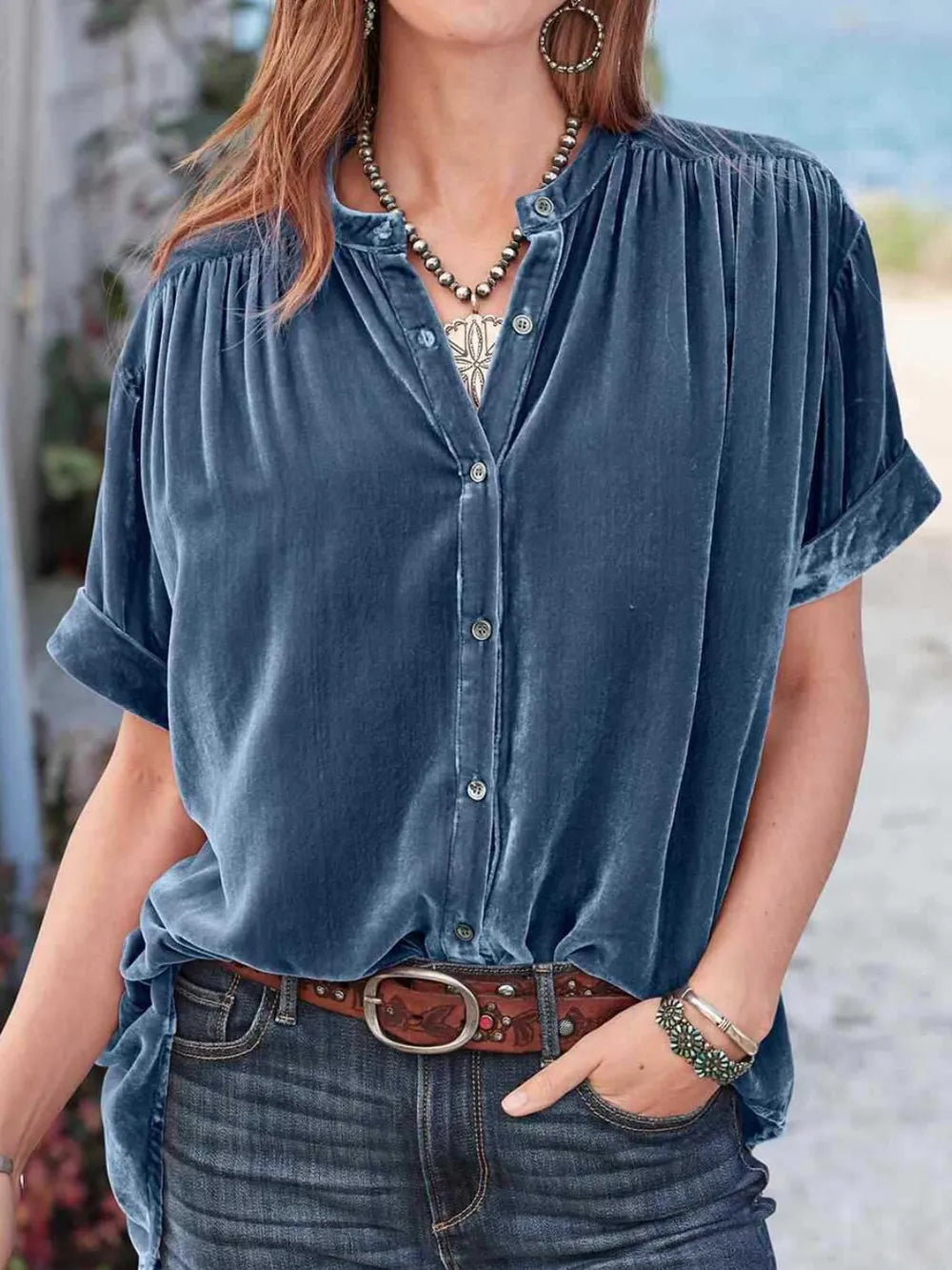 Sarah Express Women's Ruched Round Neck Short Sleeve Shirt Dusty Blue