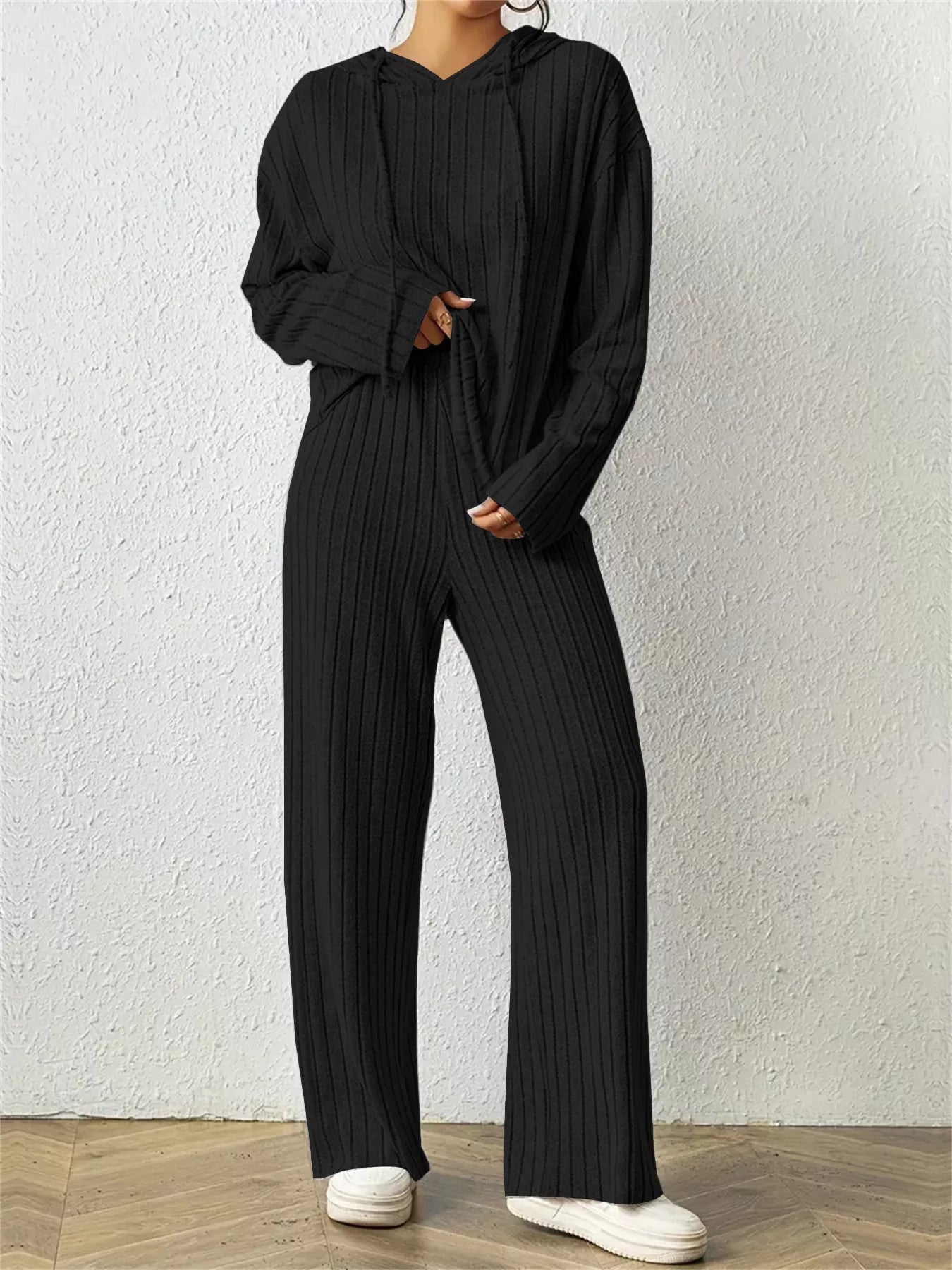 Trendsi Women's Ribbed Drawstring Hoodie and Pants Set Black