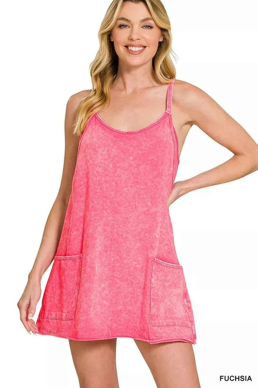 Sarah Express Women's Acid Wash Mini Dress with Built-In Romper Liner - Casual Pocketed T-Shirt Dress FUCHSIA